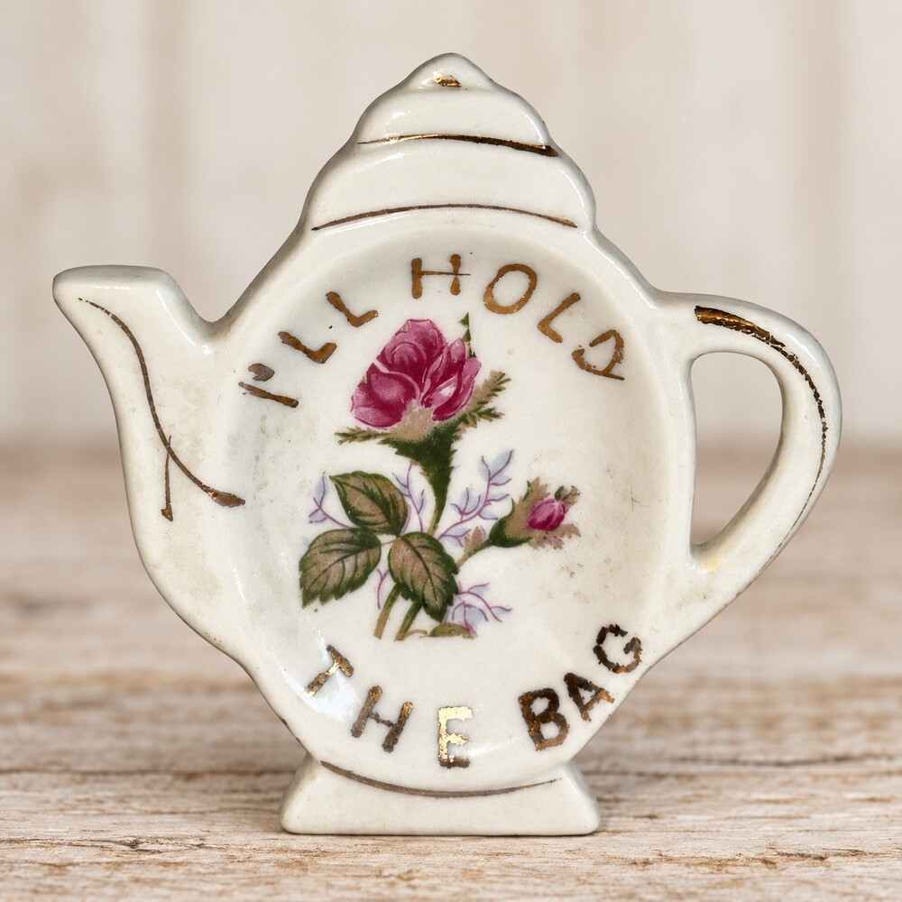 Vintage Japan Tea Bag Holder Teapot Pink Rose Gold Trim I’ll Hold the Bag